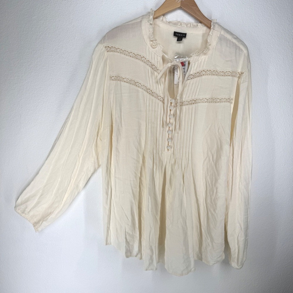 Torrid Boho Peasant Long Sleeve Top Ivory‎ Lace Pintuck 2X NEW Cottagecore Lace